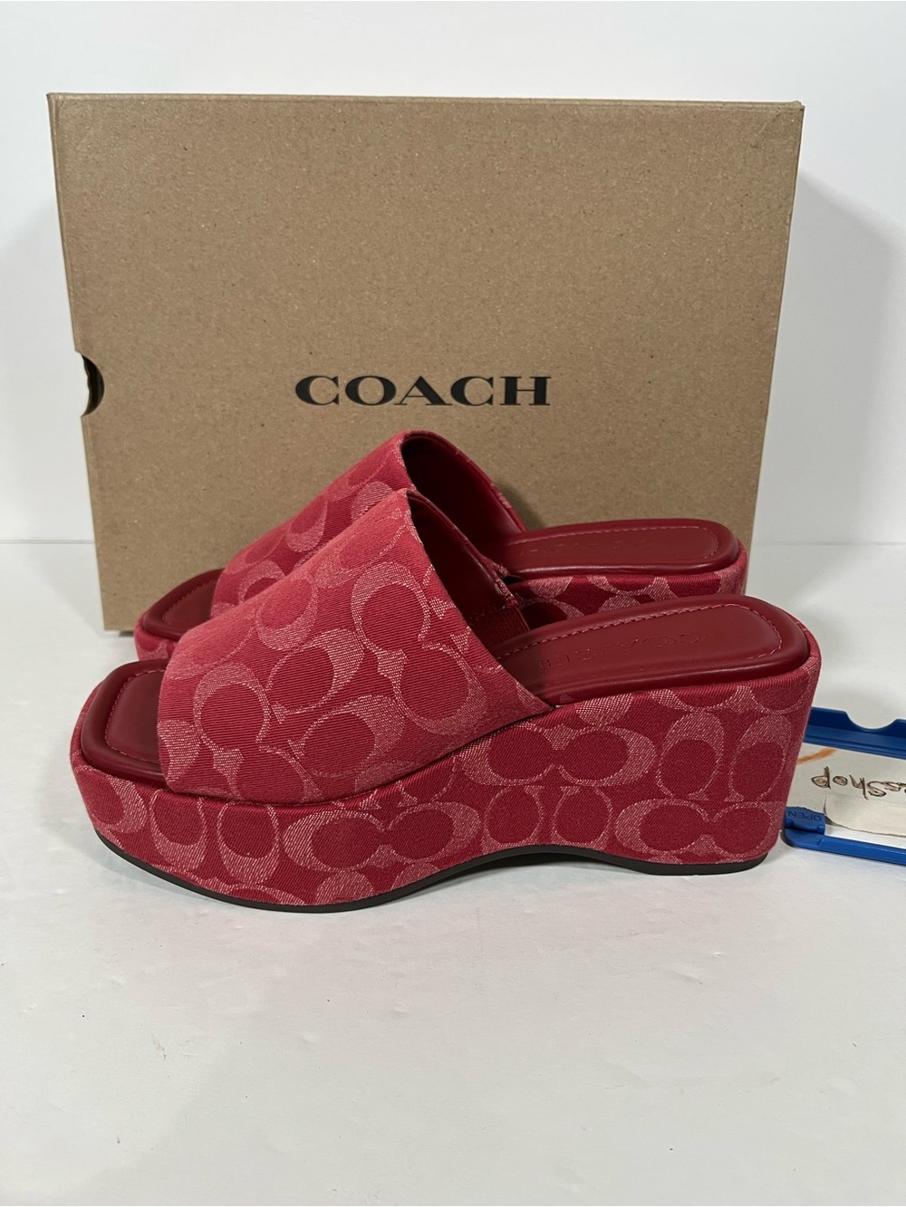 NIB COACH Women Phoebe Platform Sandal Signature Denim True Red
